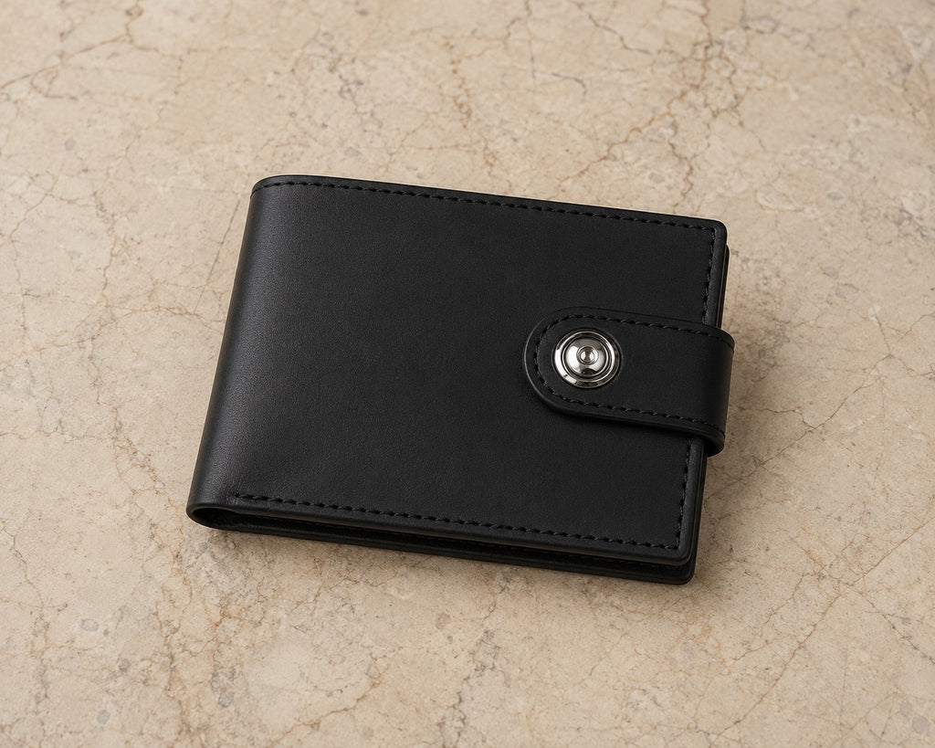 Men’s Black Leather Button Wallet – Genuine Sheep Leather