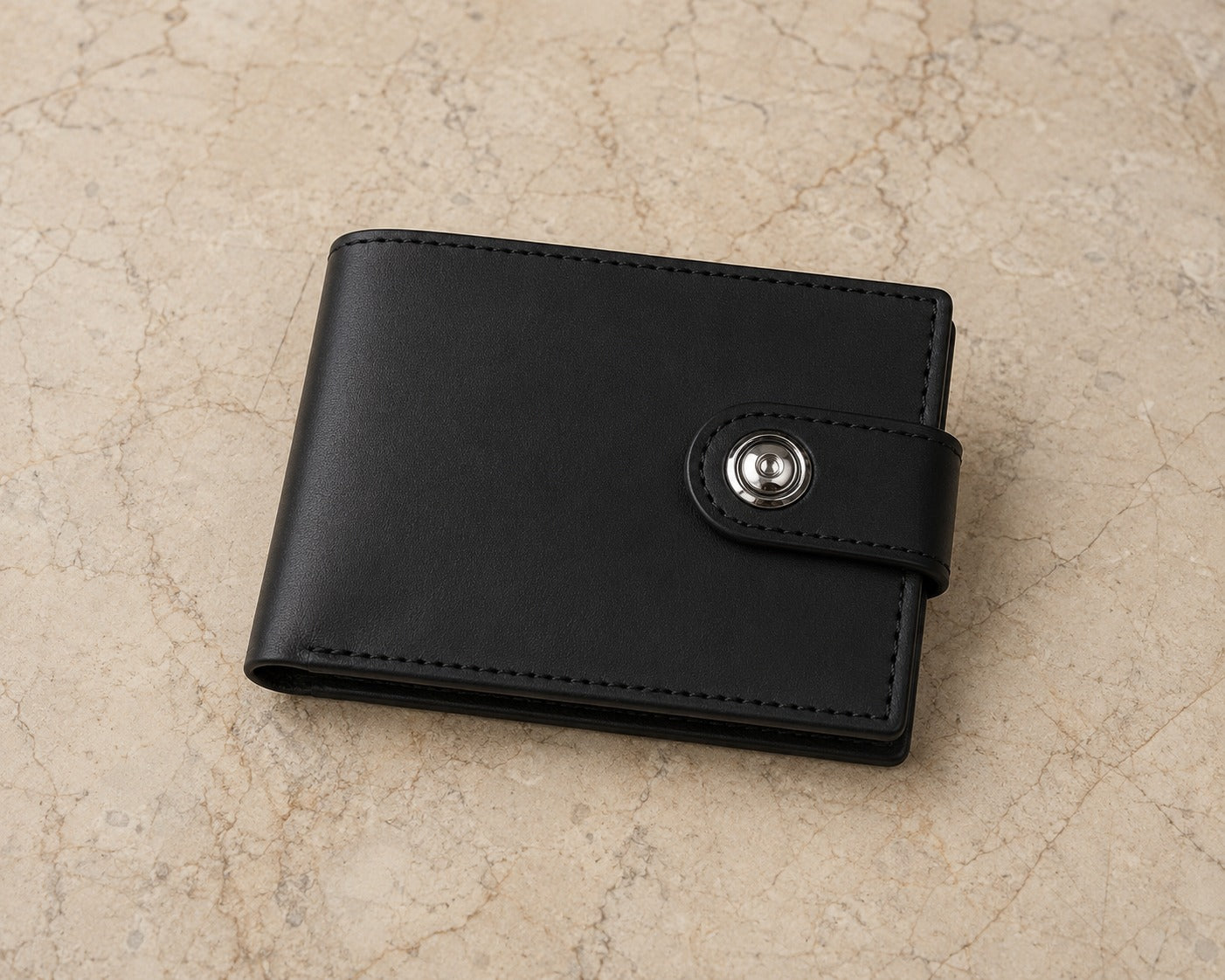 Men’s Black Leather Button Wallet – Genuine Sheep Leather