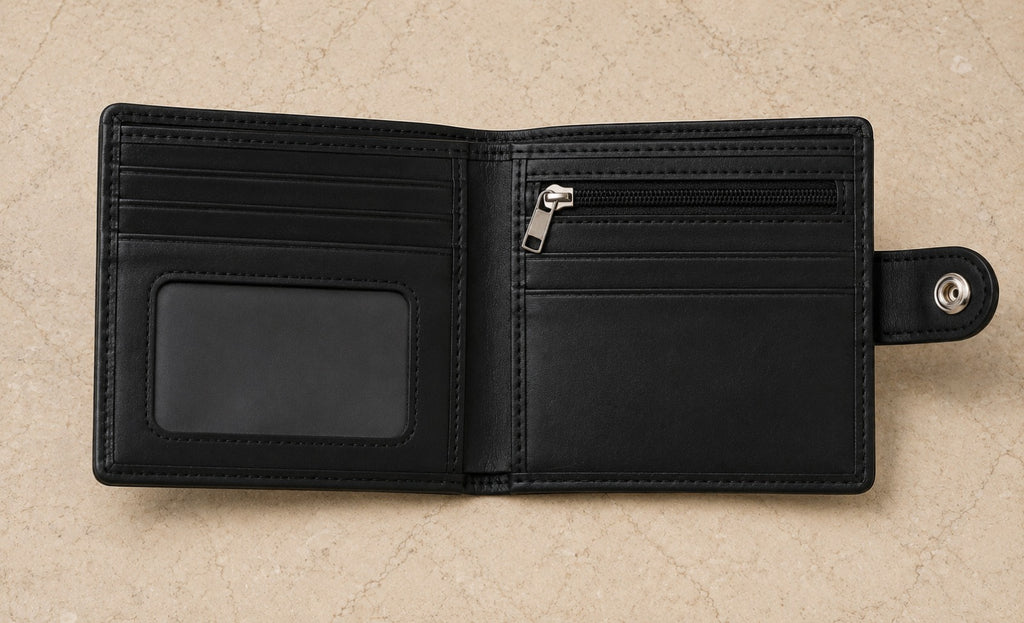 Men’s Black Leather Button Wallet – Genuine Sheep Leather