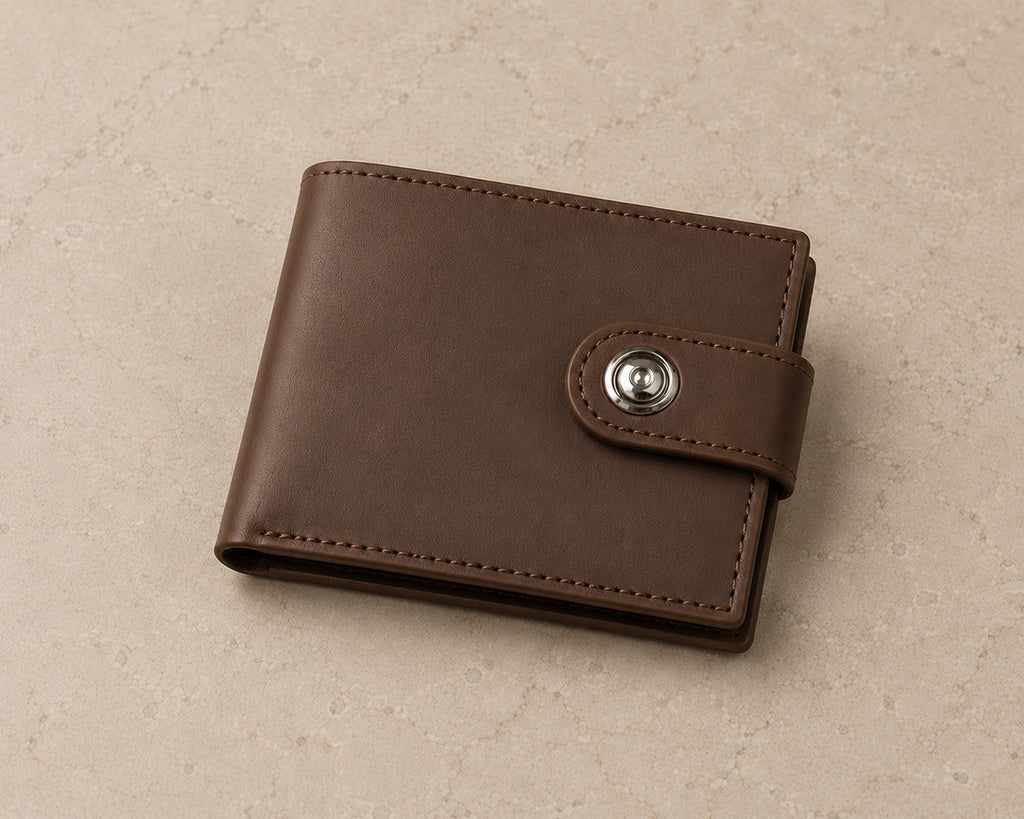 Men’s Brown Leather Button Wallet – Genuine Sheep Leather