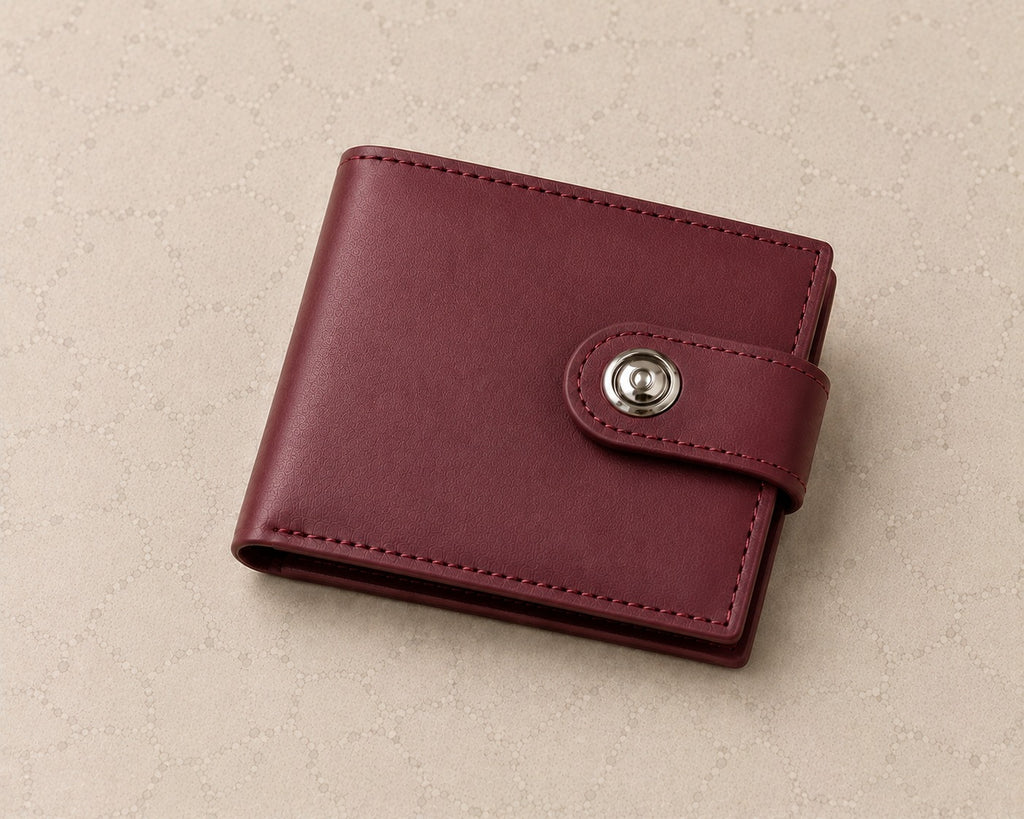 Men’s Dark Maroon Leather Button Wallet – Genuine Sheep Leather